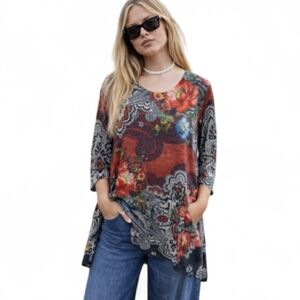 Amma Bohemian Paisley Colorful Floral  Stretch Hippie Knit Tunic Sz S